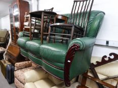 DARK GREEN LEATHER WINGED THREE SEATER SETTEE WITH SHOW WOOD FRONTS TO THE ARMS AND BASE