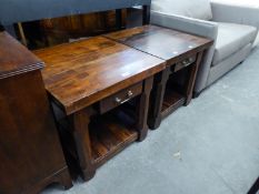 PAIR OF HEAVY HARDWOOD BEDSIDE PEDESTALS OR COFFEE TABLES, WITH ONE DRAWER AND SLATTED WOOD