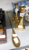 PAIR OF BRASS CANDLESTICKS AND A BRASS SHOEHORN WITH LONG HANDLE