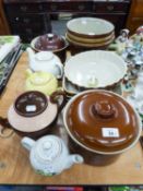 BROWN WARE KITCHEN CROCK POTS AND VARIOUS TEAPOTS