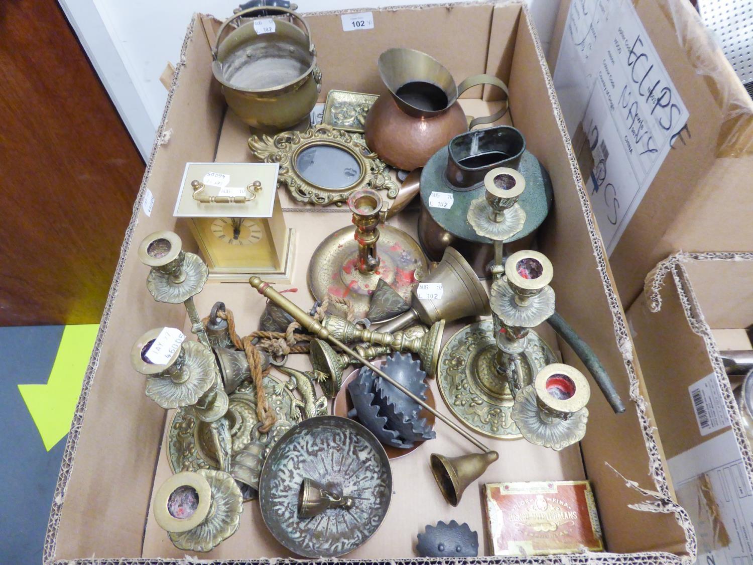 QUANTITY OF COPPER, BRASS AND METALWARES VARIOUS TO INCUDE; CANDLESTICKS, BELLS, PICTURE FRAMES,