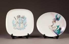 BELE BACHEM FOR ROSENTHAL, HAND PAINTED SHALLOW PORCELAIN DISH, of square, footed form, decorated