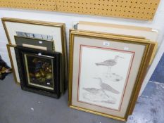 A SET OF FOUR GILT FRAMED BIRD PRINTS AND A SELECTION OF OTHER PRINTS