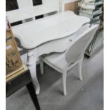 WHITE HIGH GLOSS SERPENTINE FRONTED DRESSING TABLE, RAISED ON SCROLL CABRIOLE LEGS, WITH SINGLE
