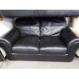 BLACK LEATHER TWO SEATER SOFA, WITH FITTED CUSHIONS