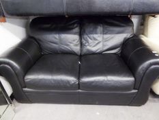 BLACK LEATHER TWO SEATER SOFA, WITH FITTED CUSHIONS