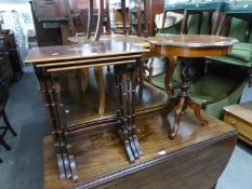 MAHOGANY NEST OF INLAID COFFEE TABLES, HAVING CENTRE INLAY ON SLENDER LEGS AND AN ITALIAN