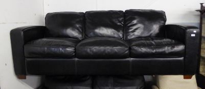 BLACK LEATHER THREE SEATER SOFA, WITH FITTED CUSHIONS