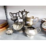 A PEWTER TEAPOT, PEWTER JUG, PEWTER SALT POT AND THREE OTHER ITEMS (6)