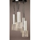 STYLISH MODERN ALUMINIUM AND MOULDED GLASS FIVE PENDANT CEILING LIGHT, issuing on short black