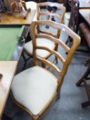 A PAIR OF LADDER BACK DINING CHAIRS, A BEDROOM CHAIR, A 'X' STRETCHER FOOTSTOOL (4)