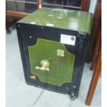 A STEEL SAFE WITH BRASS 'T' HANDLE, INTERIOR DRAWER, 20" X 16" (OPEN BUT NO KEY)