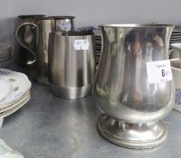 A PEWTER PINT TANKARD WITH GLASS BASE DEPICTING ?THE LAST DROP?; TWO VARIOUS PEWTER PINT TANKARDS