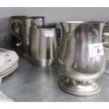 A PEWTER PINT TANKARD WITH GLASS BASE DEPICTING ?THE LAST DROP?; TWO VARIOUS PEWTER PINT TANKARDS