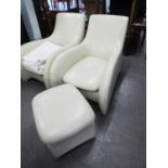 GOOD QUALITY STYLISH CREAM LEATHER SEMI-RECLINED ARMCHAIR AND MATCHING FOOTSTOOL, (bought from Coach