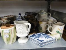 A QUANTITY OF POTTERY AND CHINA VARIOUS TO INCLUDE; THREE RIDGWAY PLATES, GINGER JARS AND COVER,