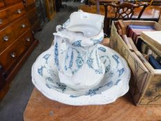 VICTORIAN POTTERY LARGE BLUE AND WHITE TOILET JUG AND BOWL, with 'Coventry' printed floral festoon