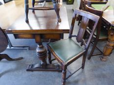 A SET OF FOUR 1930?s OAK DINING CHAIRS WITH SPLAT BACKS, DROP-IN SEATS, ON BULBOUS FRONT SUPPORTS