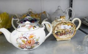 TWO VICTORIAN CHINA TEAPOTS, AN ADAMS STYLE POTTERY TEAPOT AND TWO OTHERS (5)