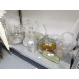 A QUANTITY OF GLASSWARES TO INCLUDE; FIVE DECANTERS WITH STOPPERS, TWO BASKET BOWLS, JUGS  AND OTHER