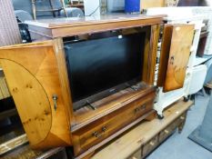 A MODERN SONY FLAT SCREEN 26? TELEVISION AND SONY DVD PLAYER, IN A YEW WOOD CABINET WITH FOLDING