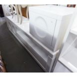 LOW, STYLISH WHITE HIGH GLOSS UNIT, HAVING ONE LONG DRAWERS, TWO CUPBOARD DOORS AND AN OPEN