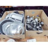 A QUANTITY OF STAINLESS STEEL KITCHENWARES, ALSO BRASS BATHROOM FITTINGS