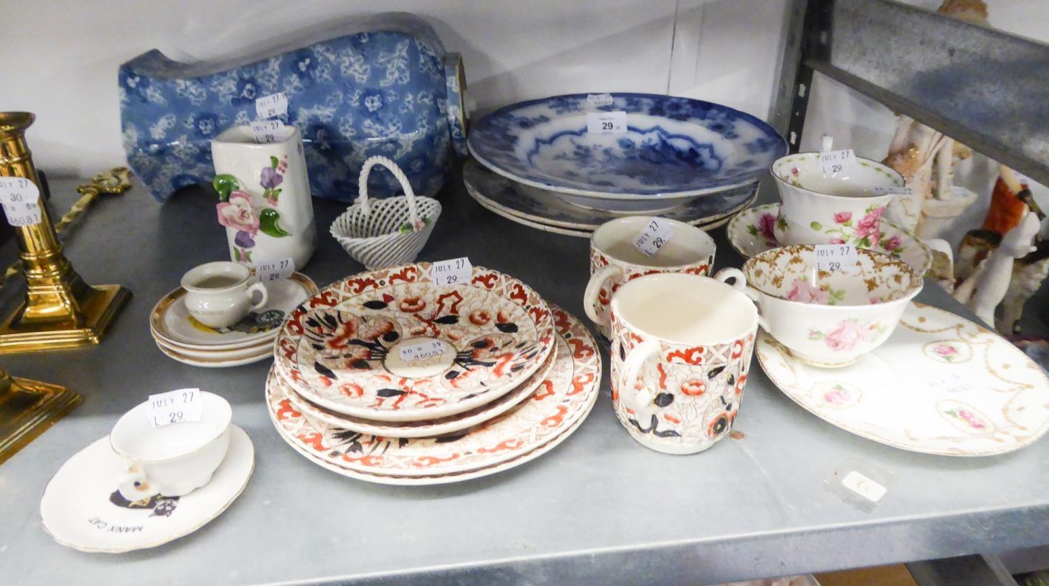 ADAMS BLUE AND WHITE SLOPS BOWL, TWO BLUE AND WHITE PLATES, ROYAL DOULTON TEA CUP AND SAUCER,