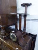 AN OAK SMOKERS COMPANION STAND AND OVAL COFFEE TABLE COMBINED; AN OAK NAPOLEON'S HAT SHAPED MANTEL