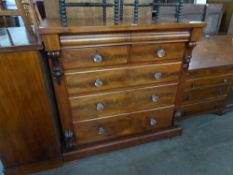 VICTORIAN LARGE MAHOGANY CHEST OF TWO SHORT AND THREE LONG DRAWERS, HAVING GLASS KNOB HANDLES,