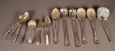 SET OF FOUR ELECTROPLATED SERVING SPOONS WITH APOSTLE TOPS, together with a PAIR OF SERVING