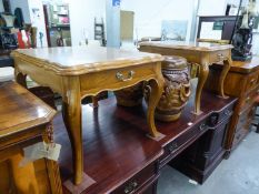 A PAIR OF MODERN INDONISIAN TEAK LOW TABLES, EACH WITH A FRIEZE DRAWER, ON MOULDED CABRIOLE