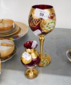 VENETIAN RUBY GLASS TALL GOBLET, WITH GILT AND PORCELAIN FLORAL DECORATION AND A SIMILAR SMALL