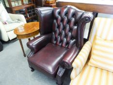 LEATHER RED BUTTONED BACK CHESTERFIELD ARMCHAIR, ON CABRIOLE LEGS