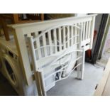 WOODEN, CREAM PAINTED DOUBLE HEADBOARD AND A MATCHING WROUGHT IRON SINGLE BED FRAME (2)