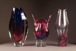 THREE PIECES OF MODERN COLOURED ART GLASS VASES, including a slender pink tinted example, wheel