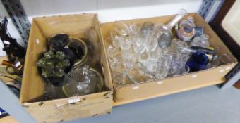 A QUANTITY OF CUT AND MOULDED GLASSWARES TO INCLUDE; DECANTER, TOT GLASSES, STEM GLASSES, COLOURED