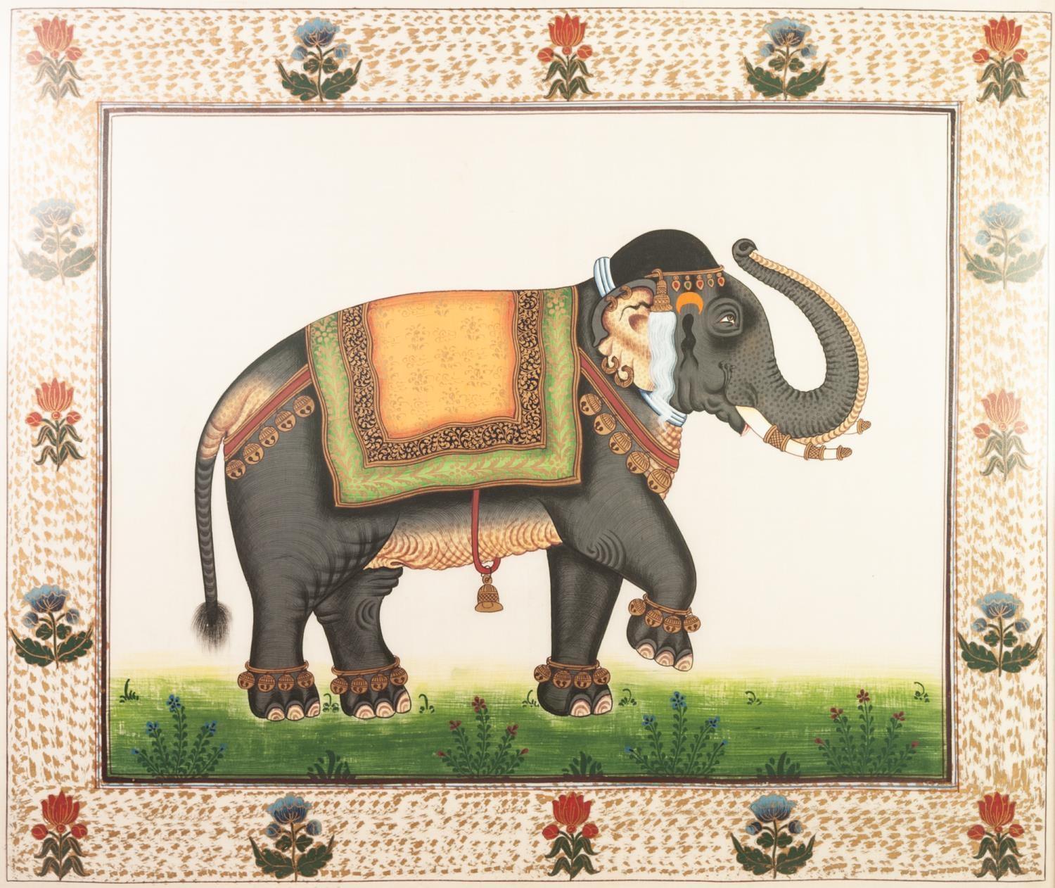 TWO MODERN INDIAN PAINTINGS ON SILK OF CEREMONIAL ANIMALS, one depicting an elephant, the other a - Image 2 of 2