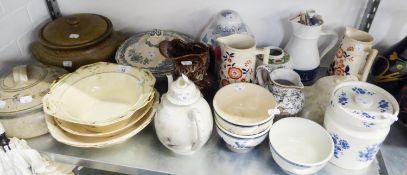 TWO STUDIO POTTERY DISHES WITH LIDS, FOUR POTTERY JUGS VARIOUS, CERAMIC CHEESE DISH AND COVER, TWO