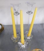 PAIR OF LEONARD TALL SLENDER GLASS CANDLESTICKS AND SET OF THREE MOULDED GLASS CANDLE HOLDERS (5)