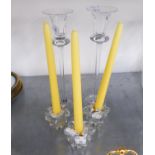 PAIR OF LEONARD TALL SLENDER GLASS CANDLESTICKS AND SET OF THREE MOULDED GLASS CANDLE HOLDERS (5)