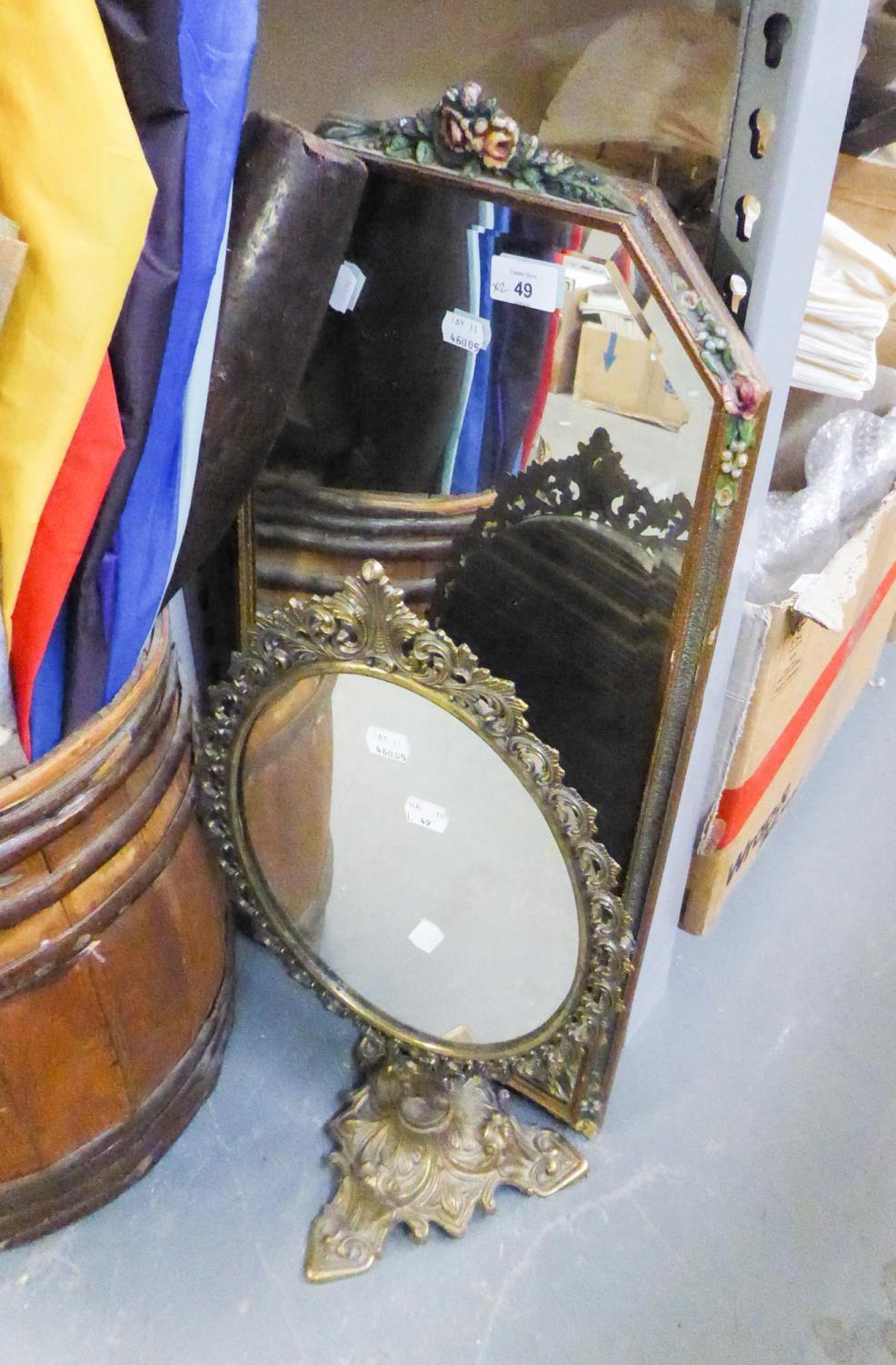 GILT FRAMED TRIPLE OVAL TOILET MIRROR AND A CARTOUCHE SHAPED WALL MIRROR, IN GILT FRAME