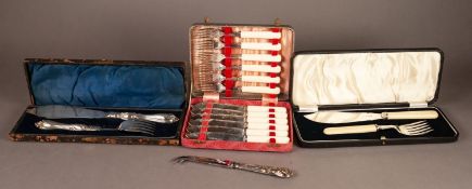 ELECTROPLATED CUTLERY, TWO CASED PAIRS OF FISH SERVERS, together with a BOXED SET OF SIX PAIRS OF