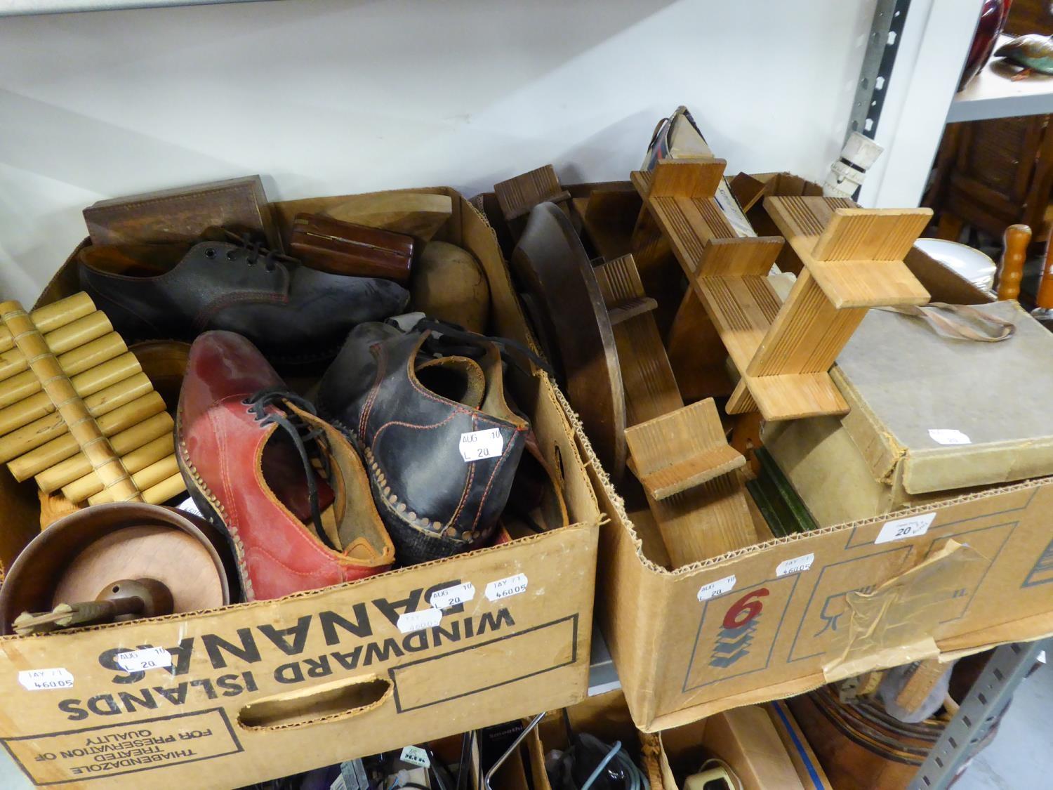 VARIOUS ITEMS TO INCLUDE; A 'LIFE BOAT' COLLECTING BOX, CLOGS, SHOES AND A QUANTITY OF WOODEN