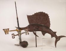 AMERICAN COPPER WEATHERVANE IN THE FORM OF A LEAPING SAIL FISH, set above a brass cross with compass