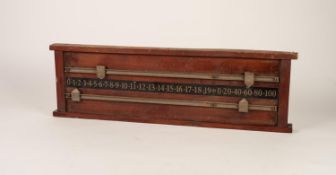 VINTAGE BRASS AND MAHOGANY WALL MOUNTED SNOOKER SCORE BOARD, 22? x 7? (56cm x 17.8cm)