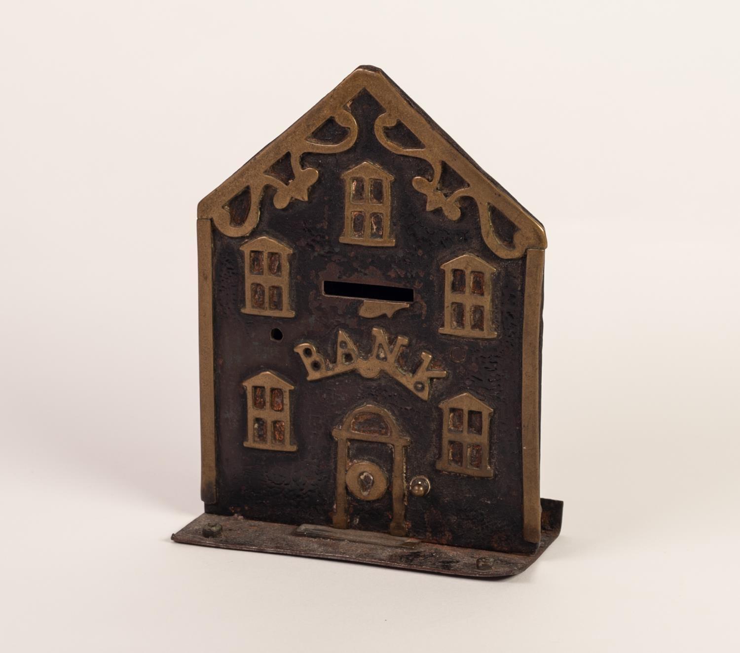 LATE 19th/EARLY 20th CENTURY CAST BRASS AND PLATE METAL MONEY BANK in the form of a bank building