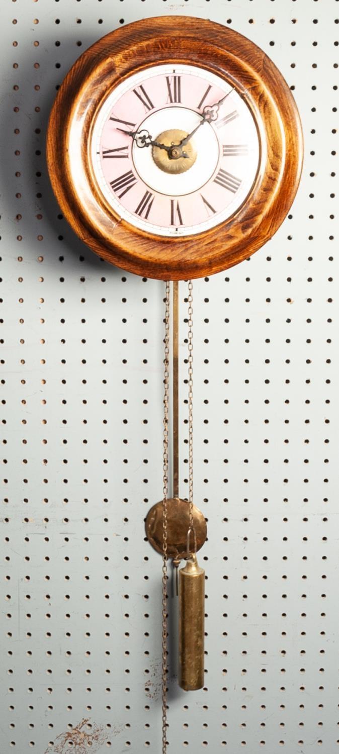 STAINED FRUITWOOD POSTMAN?S ALARM WALL CLOCK, circa 1900, of typical form with enamelled Roman - Image 2 of 2