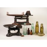 SET OF JW CHAMBERS. DAY SHOP?S CAST METAL BALANCE SCALES, with open ended copper pan, heightened