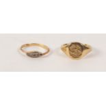 18ct GOLD SIGNET RING, ALSO AN 18ct GOLD RING set with five minute diamonds, 10.0gms gross (2)